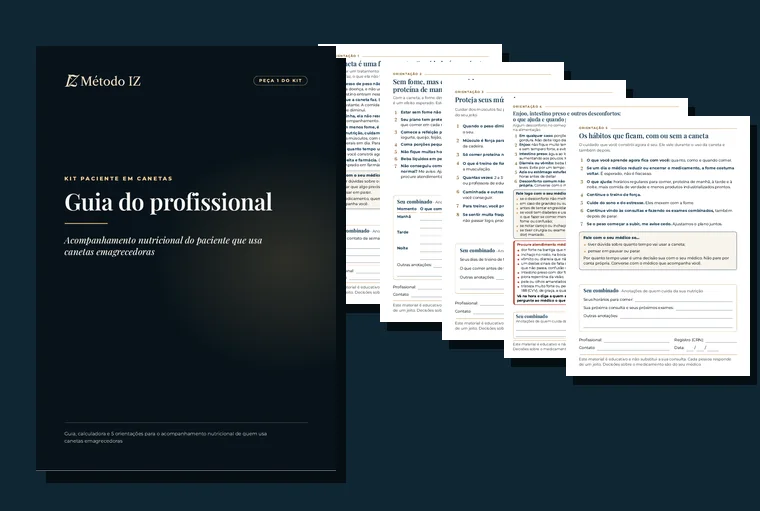 Capa do Guia do profissional do Kit Paciente em Canetas e as primeiras páginas das 5 orientações, com o texto pequeno demais para ler.