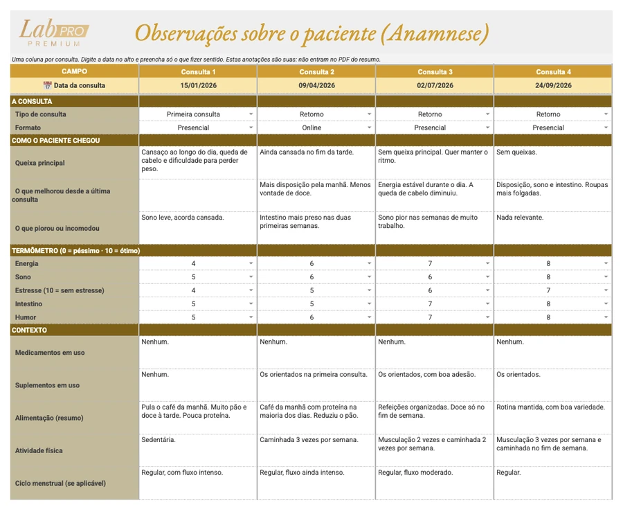Aba de observações (anamnese) de uma paciente fictícia: uma coluna por consulta, com queixa principal, o que melhorou e o que piorou, o termômetro de energia, sono, estresse, intestino e humor, e o contexto.