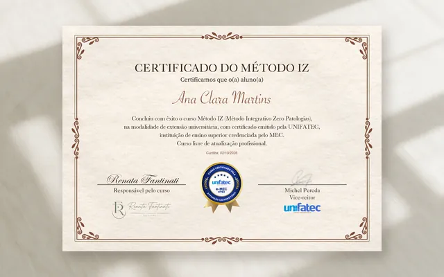 Modelo do certificado do Método IZ, emitido pela UNIFATEC, com nome fictício.
