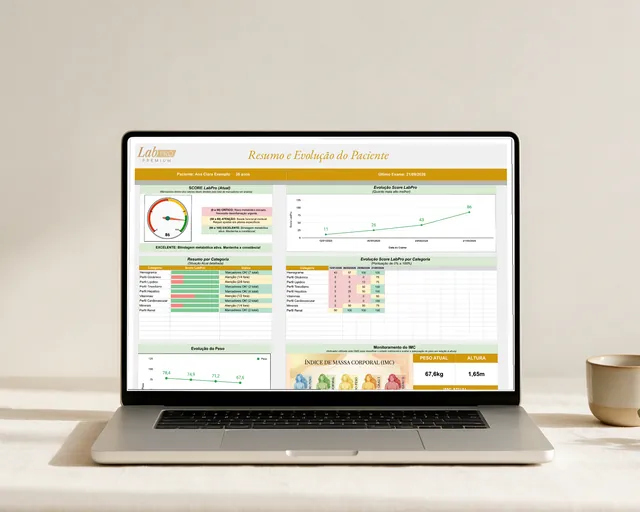 A LabPRO Premium (planilha) aberta no notebook: a tela real do Resumo e Evolução do Paciente, com dados fictícios.