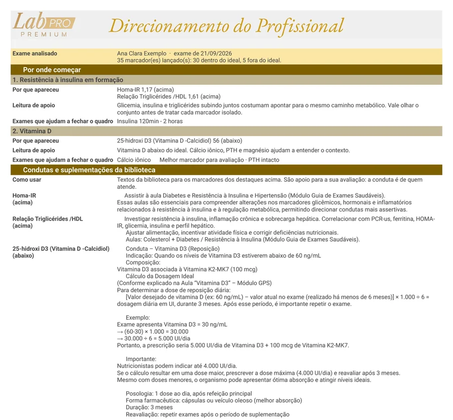 PDF Direcionamento do Profissional de uma paciente fictícia: o exame analisado, por onde começar (resistência à insulina em formação e vitamina D) e as condutas e suplementações da biblioteca para esses destaques.